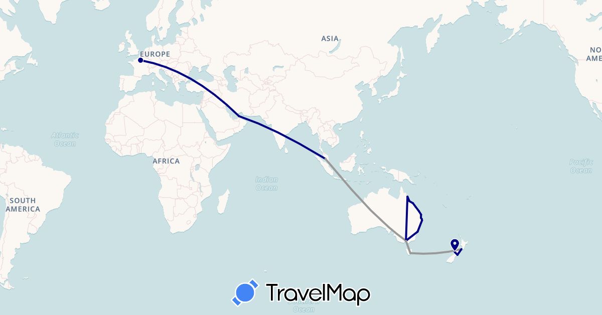 TravelMap itinerary: driving, plane in United Arab Emirates, Australia, France, Malaysia, New Zealand (Asia, Europe, Oceania)